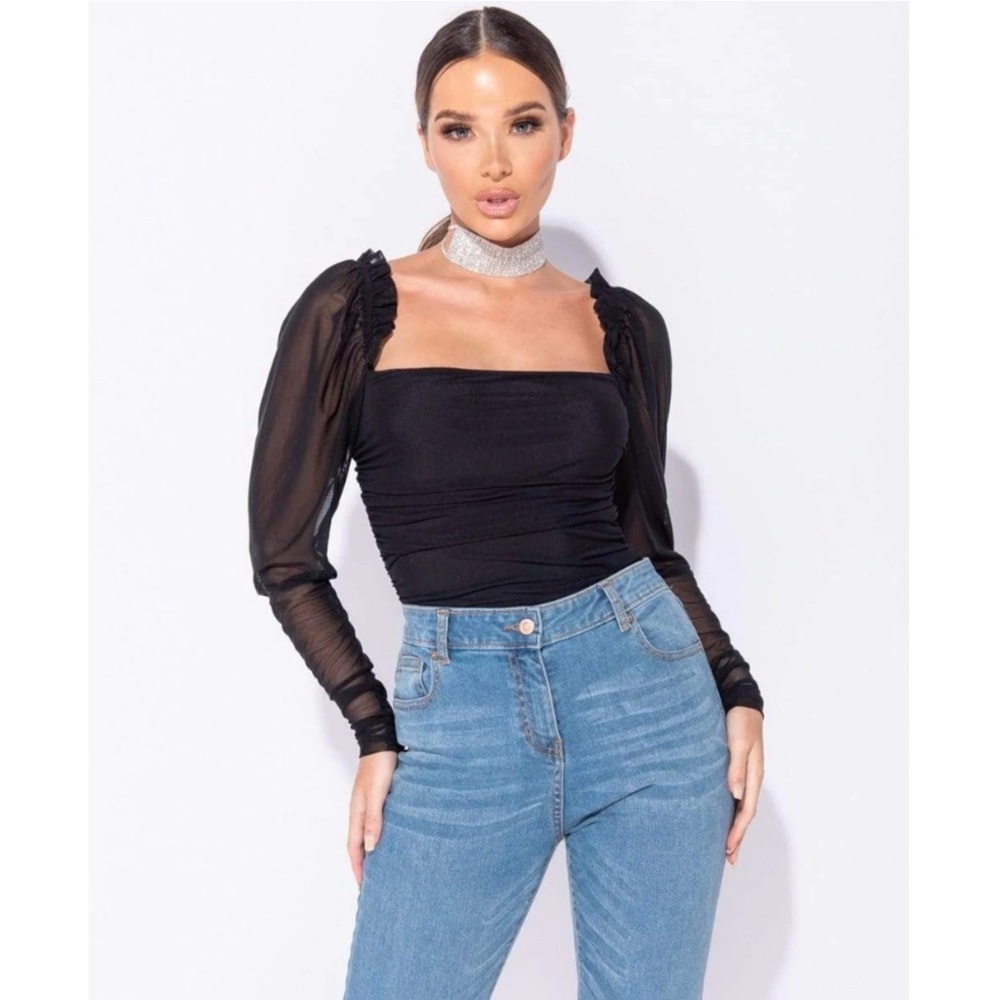 Black Sheer Puff Sleeve Ruching Detail mesh long sleeve square neck Bodysuit